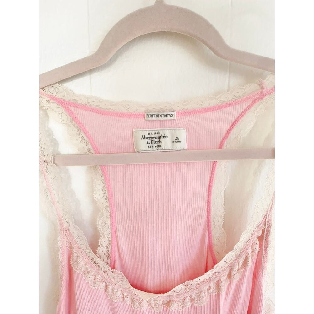 Vintage Y2K Abercrombie & Fitch Pink Ribbed Lace-Trim Henley Tank Dress L EUC - Picture 7 of 8